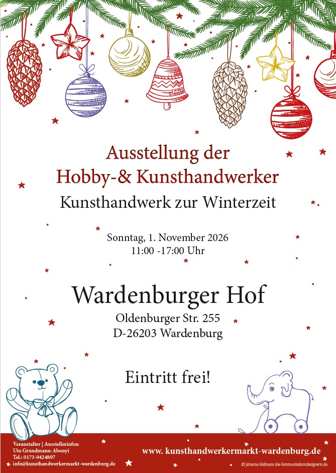Kunsthandwerk zur Winterzeit. Ausstellung im Wardenburger Hof am Sonntag, 1. November 2026 von 11.00 - 17.00 Uhr. Eintritt frei. Informationen unter www.kunsthandwerkermarkt-wardenburg.de kunsthandwerk_wardenburg_ausstellung_kunst_handwerk