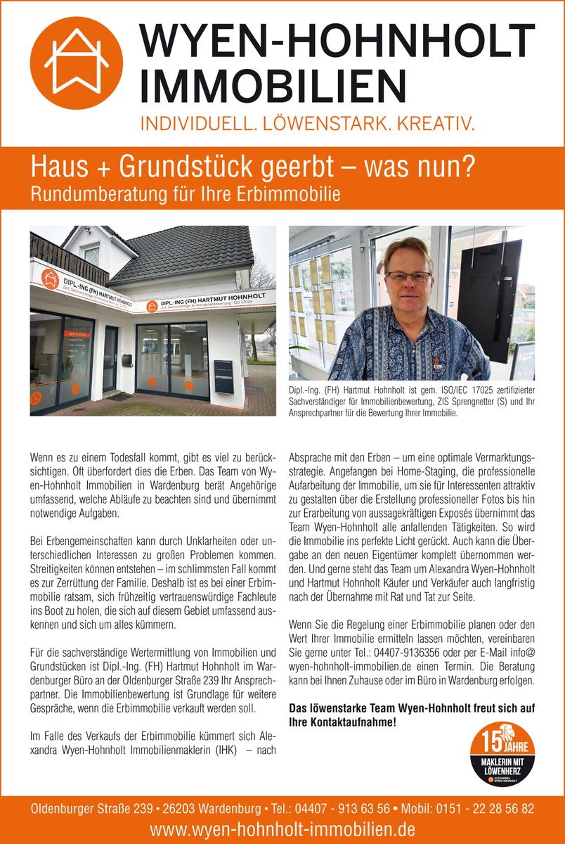 Dipl.-Ing (FH) Hartmut Dannemann ist zertifizierter Sachverständiger für Immobilienbewertungen in Niedersachsen LK Oldenburg https://www.wyen-hohnholt-immobilien.de/ gutachter_oldenburg_immobilie_erbimmobilie_erbengemeinschaft_hartmut-hohnholt_wyen-hohnholt_immobilien