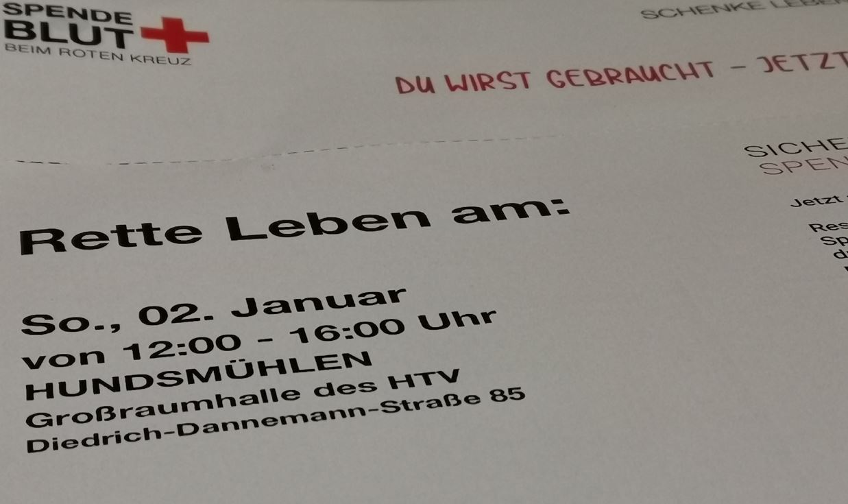 Blutspende Sonntag 2. Januar 2022 von 12 - 16 Uhr beim HTV in Hundsmühlen Blutspende Sonntag 2. Januar 2022 von 12 - 16 Uhr beim HTV in Hundsmühlen
