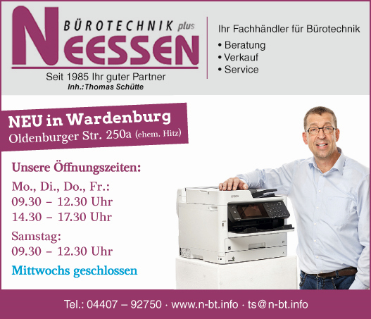 Neessen Bürotechnik Thomas Schütte Wardenburg www.n-bt.info | Anzeige WH Monatszeitung Meine Region