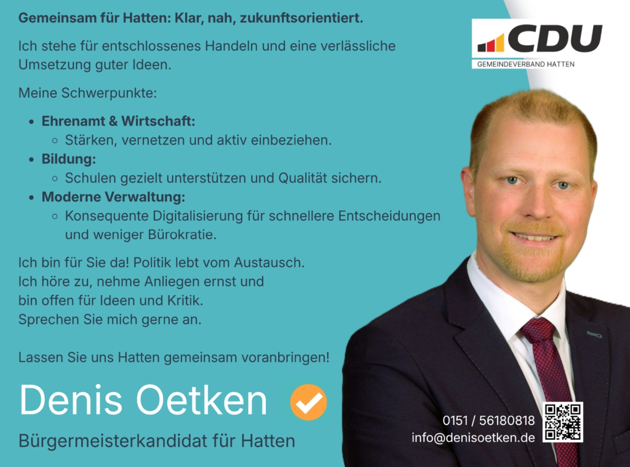 Denis Oetken Bürgermeisterkandidat der CDU für die Gemeinde Hatten 2026 Denis Oetken Bürgermeisterkandidat der CDU für die Gemeinde Hatten 2026