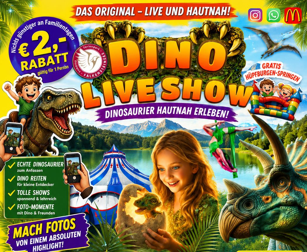 2 Euro Rabatt Gutschein für die Dino Liveshow Francalli am Falkensteinsee Camping & Ferienpark Ganderkesee Landkreis Oldenburg Niedersachsen. Rabatt gegen Vorlage des Gutscheins zur Liveshow. rabattgutschein-dinoshow-falkensteinsee-ganderkesee_2026