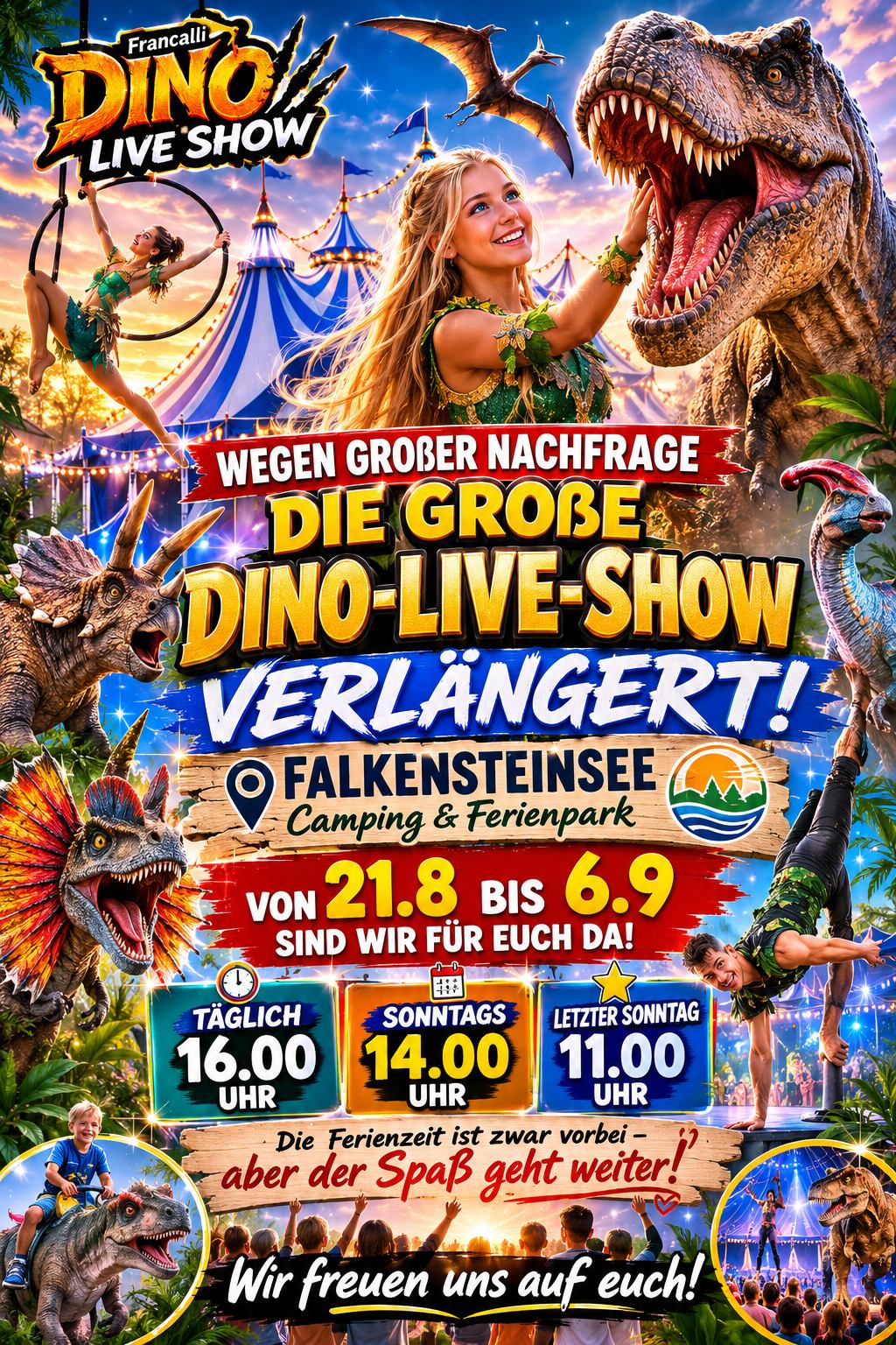 Dino Live Show Ganderkesee Landkreis Oldenburg bis 6. September 2026 verlängert. dinoshow_ganderkesee_falkensteinsee_09-2026