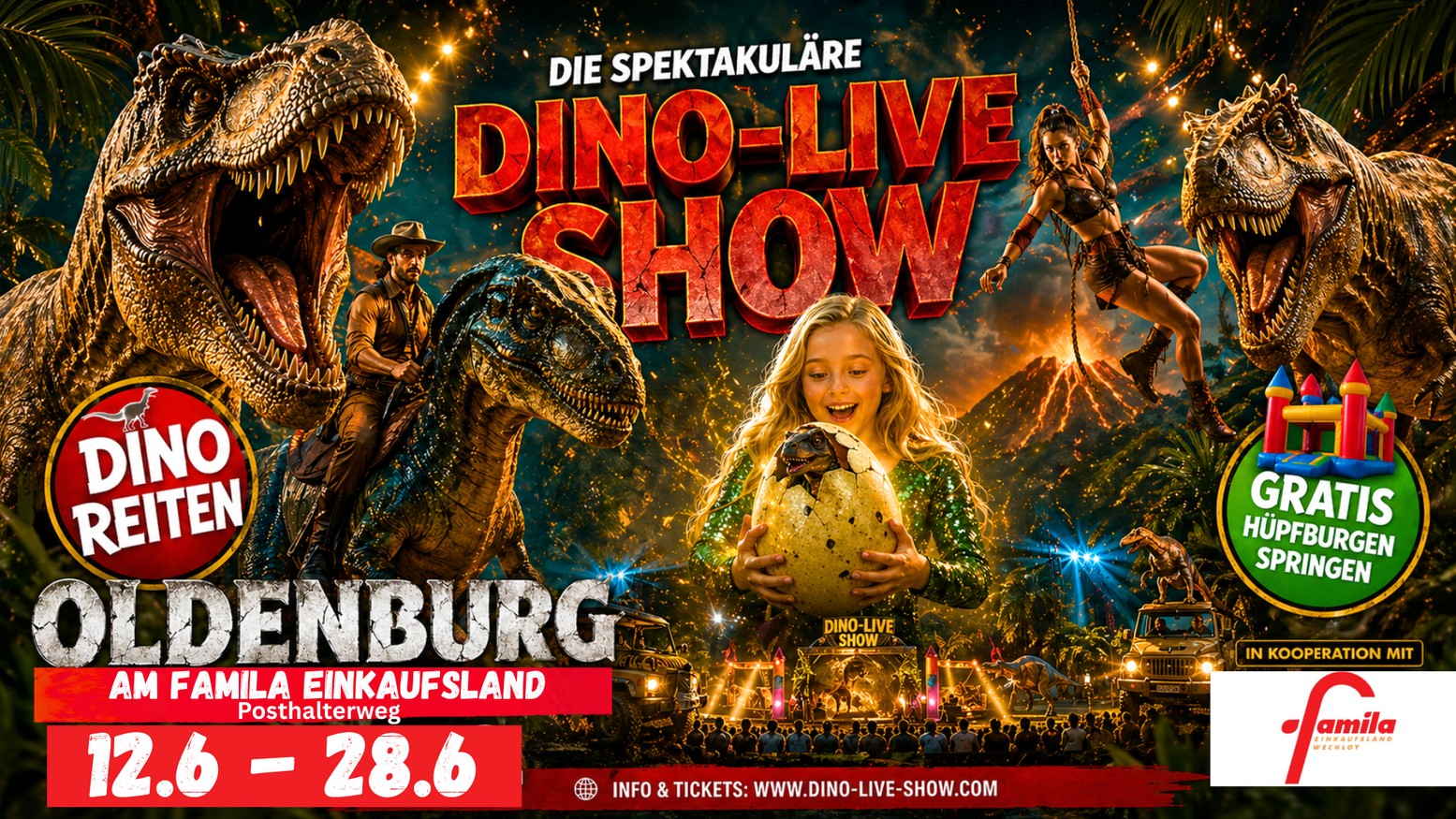 dinoshow_oldenburg_famila_einkaufsland_wechloy_dinoreiten_dinoshow_artistik_huepfburgen_dionoreiten