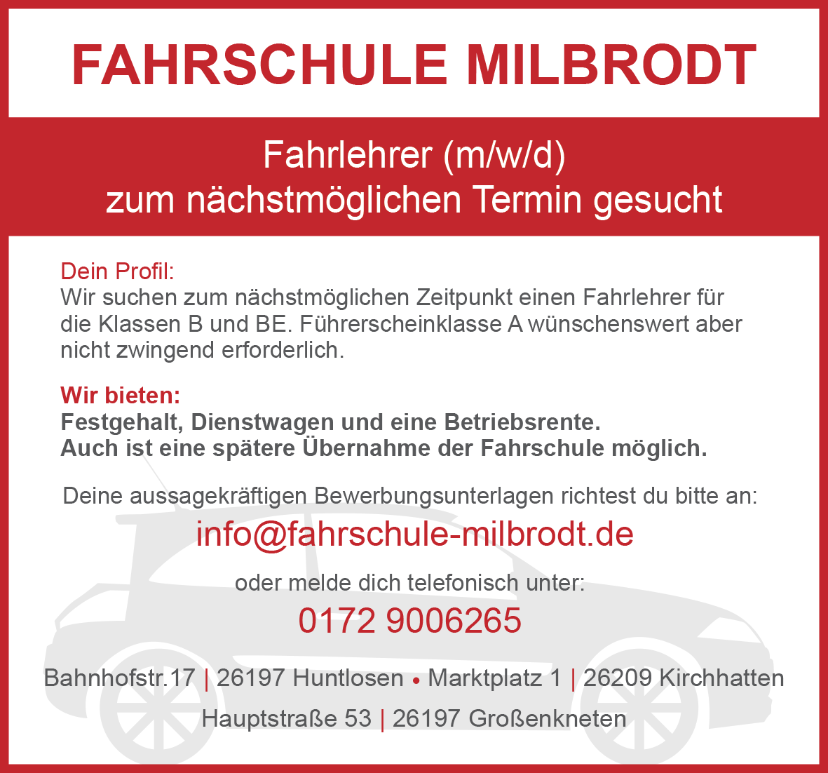 Fahrschule Milbrodt sucht Fahrlehrer (m/w/d) • www.fahrschule-milbrodt.de Fahrschule Milbrodt sucht Fahrlehrer (m/w/d) • www.fahrschule-milbrodt.de
