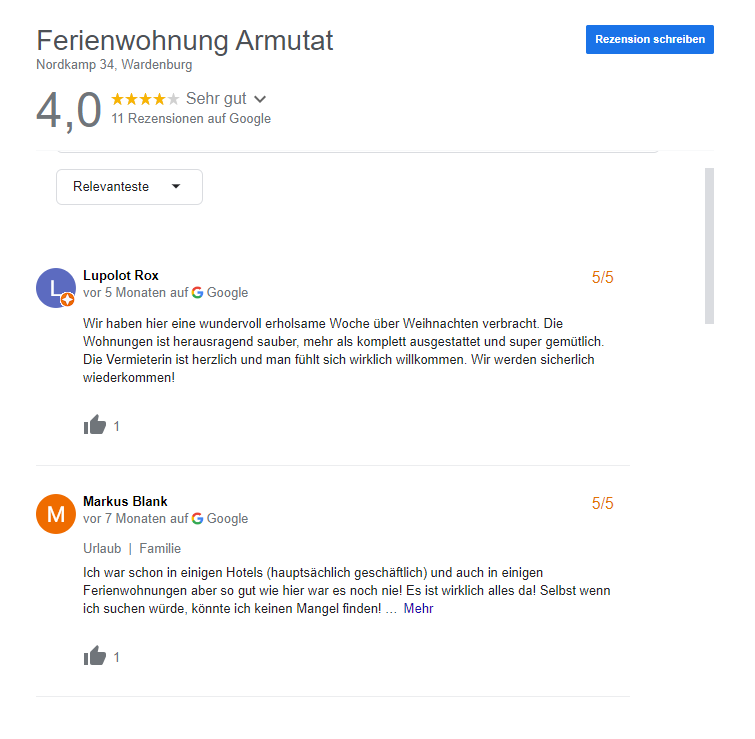 ferienwohnung_oldenburg_bewertung_google_sehr_gut_armutat