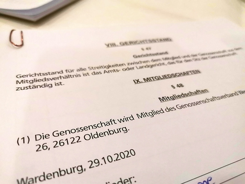 Satzung zur Gründung der Wohnungsbaugenossenschaft Wardenburg und Umzu eG. Foto: Uta Grundmann-Abonyi https://www.agentur-grabo.de