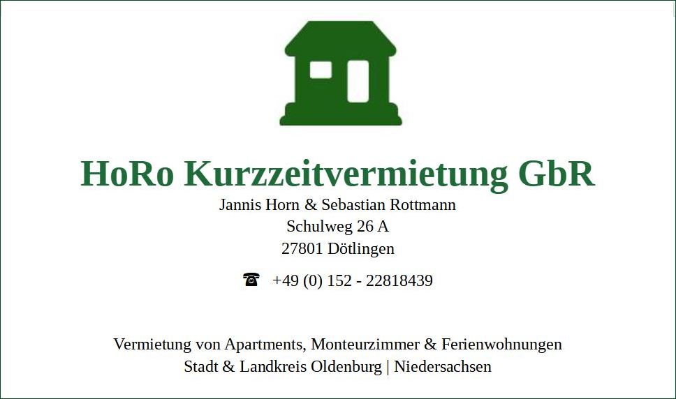 HoRo Kurzzeitvermietung Jannis Horn & Sebastian Rottmann Niedersachsen  +49 152 22818439 • https://www.horo-kurzzeitvermietung.de/