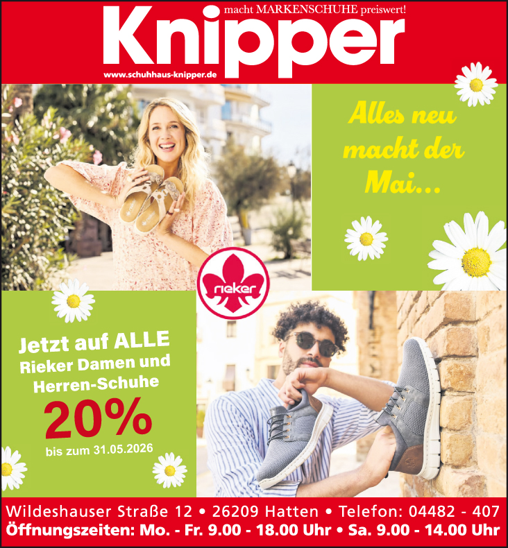 20% Rabatt auf alle Rieker Damenschuhe und Herrenschuhe bei Schuhhaus Knipper in Kirchhatten www.schuhhaus-knipper.de 20% Rabatt auf alle Rieker Damenschuhe und Herrenschuhe bei Schuhhaus Knipper in Kirchhatten www.schuhhaus-knipper.de