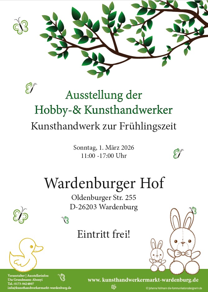 Ausstellung der Kunst- und Hobbyhandwerker am 1. März 2026 im Wardenburger Hof. Infos unter www.kunsthandwerkermarkt-wardenburg.de ausstellung_wardenburg_hobbyhandwerk_wardenburger-hof_plakat