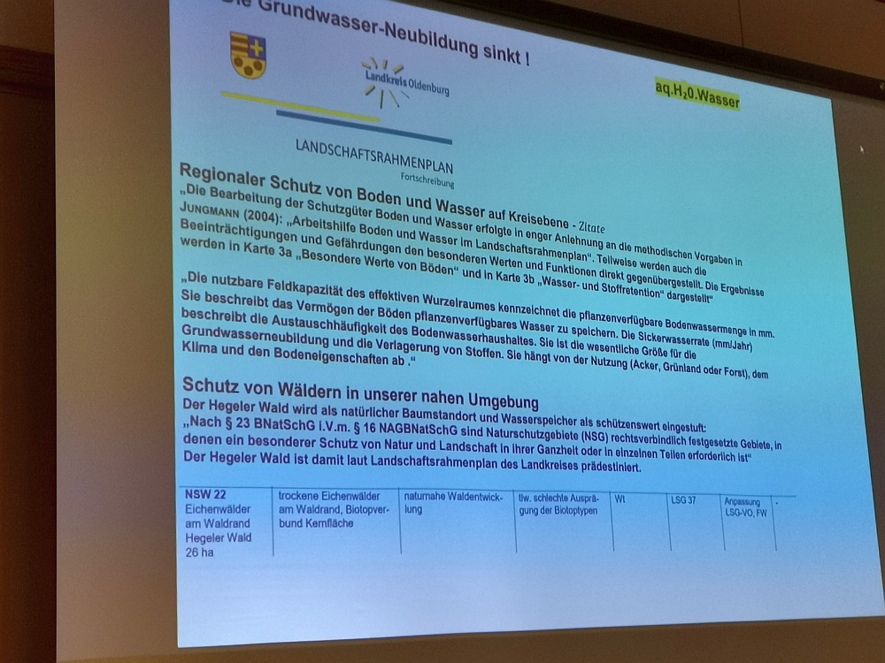 Informationen zum Landschaftsrahmenplan Hegeler Wald im Landkreis Oldenburg bei der Informationsveranstaltung Wasser im Wardenburger Hof. Foto www.Landkreis-Kurier.de Redaktion GrAbo Uta Grundmann-Abonyi