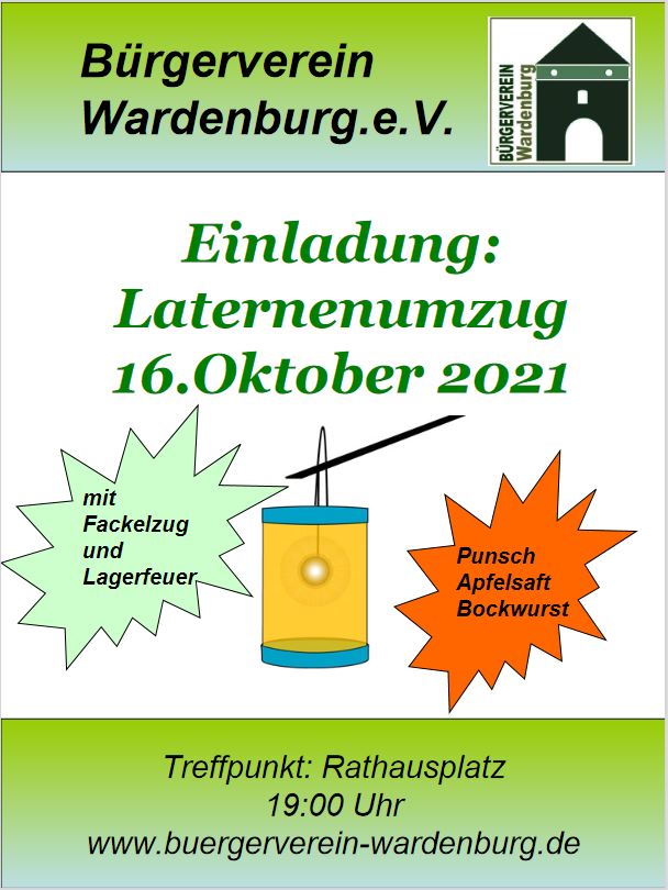 Laternenumzug 16. Oktober 2021 in Wardenburg mit dem Bürgerverein. Plakat Ingo Dittmer www.buergerverein-wardenburg.de
