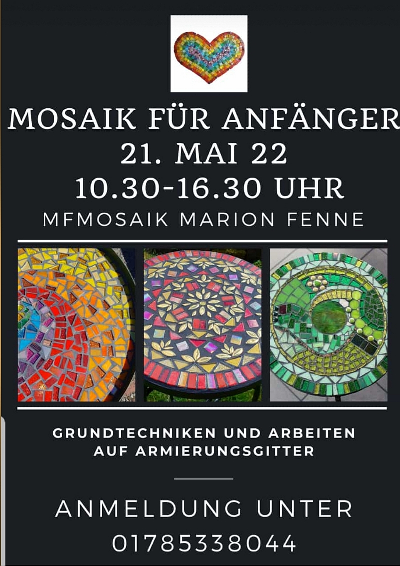 Mosaik für Anfänger neuer Workshop am 21. Mai 2022 von 10:30 - 16:30 Uhr - Mosaik Workshop mit Marion Fenne im Landkreis Oldenburg. ☎ +49 (0) 178 – 5338044 → https://de-de.facebook.com/marion.fenne
