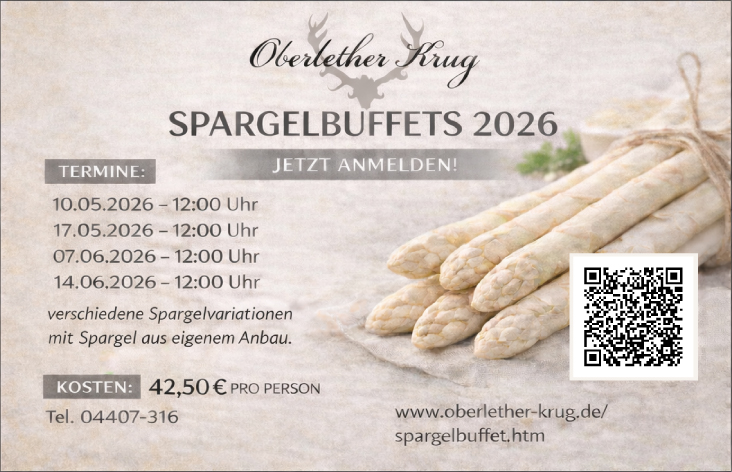 Spargelbuffets 2026 im Oberlether Krug - Willers Wardenburg https://www.oberlether-krug.de/spargelbuffet.html spargel_wardenburg_oberlethe_spargelbuffet_oberlether-krug_willers_zeitung_anzeige_wh-meineregion_landkreis-kurier