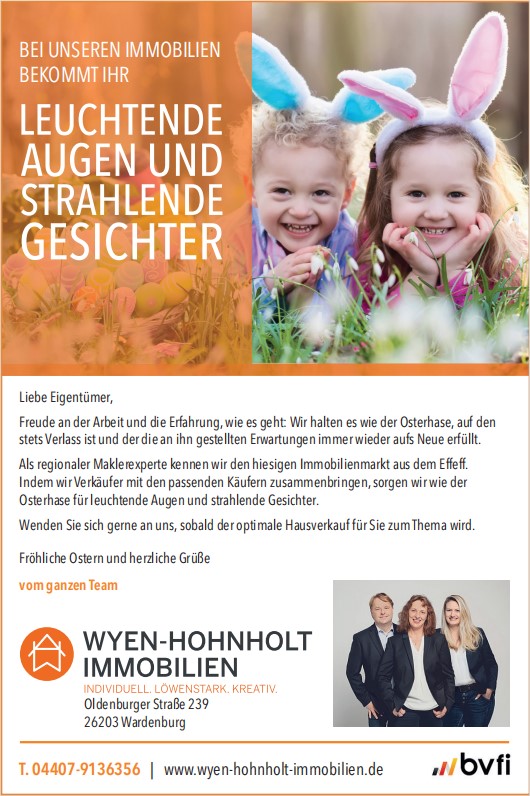 Ostern im neuen Zuhause - Immobilienberatung Wyen-Hohnholt Immobilien Wardenburg - Immobilienangebote Niedersachsen unter https://www.wyen-hohnholt-immobilien.de/immobilien-angebote/ ostern_immobilien_wyen-hohnholt_oldenburg_niedersachsen_anzeige_wh_landkreis-kurier