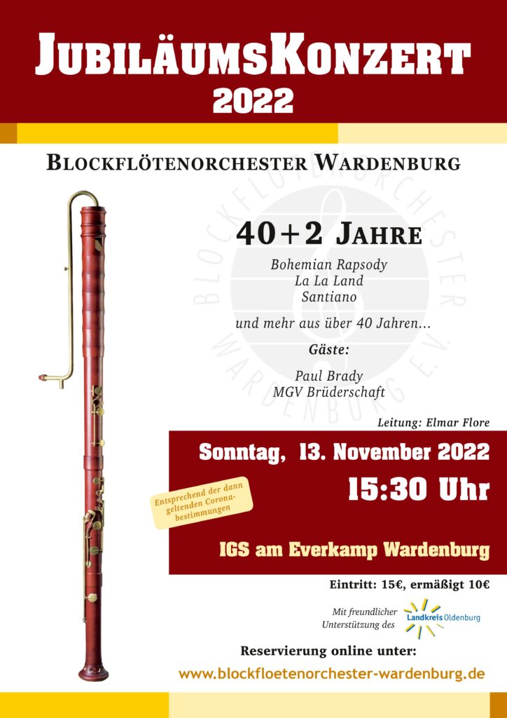 Jubiläumskonzert 2022 Blockflötenorchester Wardenburg 40 + 2 Jahre. Plakat BFO