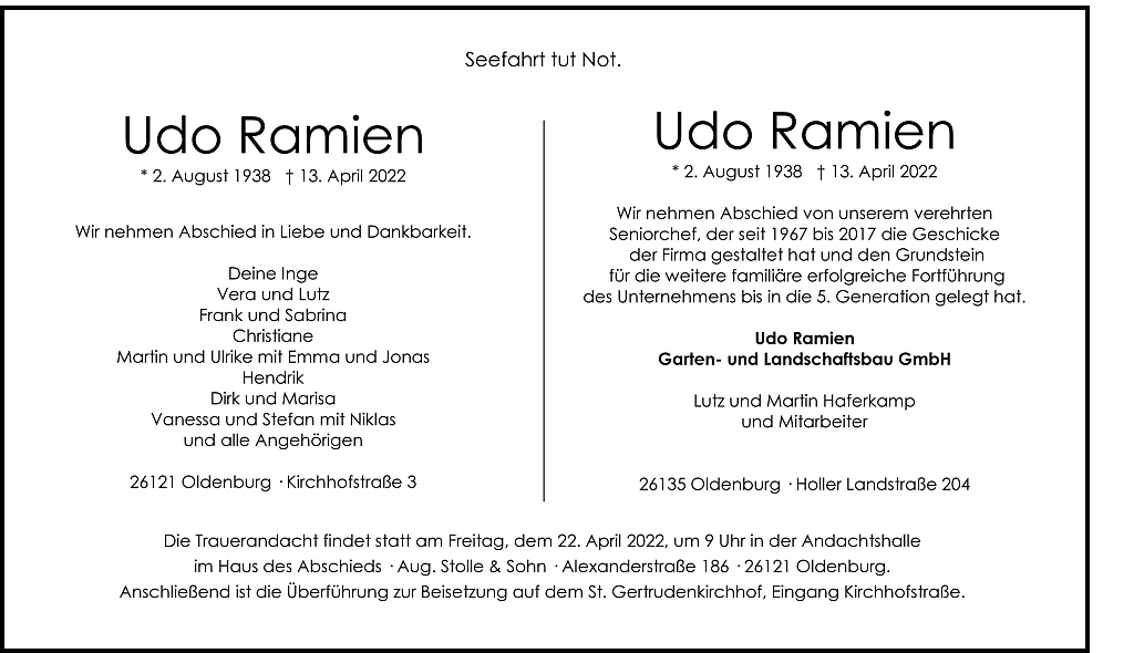 Traueranzeige Udo Ramien Oldenburg