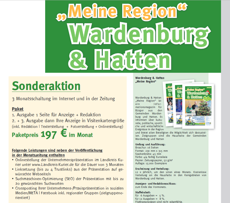 Unternehmenspräsentation in der Zeitung Druck + Online WH Meine Region und www.Landkreis-Kurier.de 3 Monate online incl. SEO. Infos bei Thomas Knust 0172 - 4345737 • www.landkreis-kurier.de