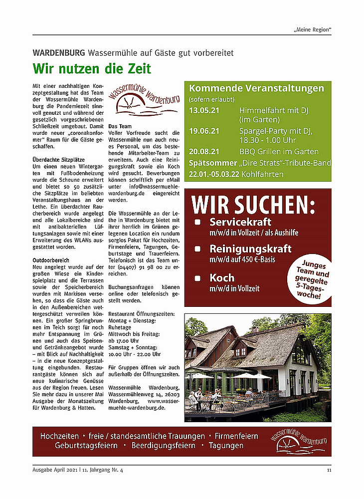 Wassermühle Wardenburg Unternehmenspräsentation Zeitung WH Meine Region Landkreis Kurier • https://www.wassermuehle-wardenburg.de/ Wassermühle Wardenburg Unternehmenspräsentation Zeitung WH Meine Region Landkreis Kurier • https://www.wassermuehle-wardenburg.de/