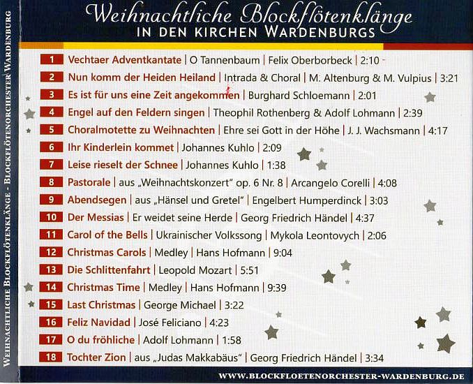 Die Titel der Weihnachts-CD Wardenburg. www.blockfloetenorchester-wardenburg.de