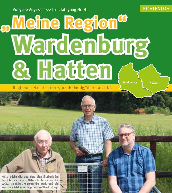 Meine Region Zeitung Wardenburg & Hatten Titelbild Bankspende Heino Lücke an Bürgerverein für Lethe Lehrpfad. Foto: Bürgerverein Wardenburg. Titelseite Monatszeitung WH Meine Region Meine Region Zeitung Wardenburg & Hatten Titelbild Bankspende Heino Lücke an Bürgerverein für Lethe Lehrpfad. Foto: Bürgerverein Wardenburg. Titelseite Monatszeitung WH Meine Region
