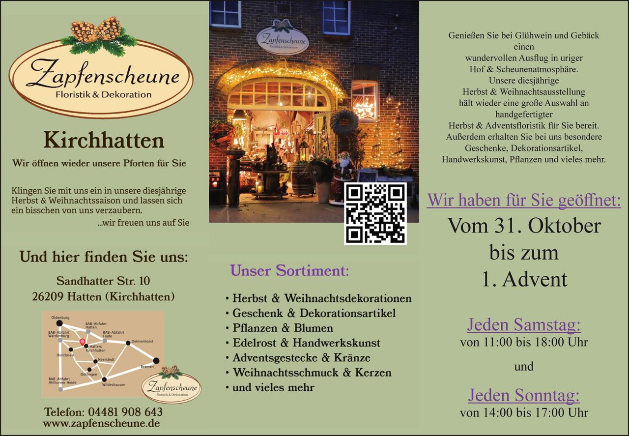 Zapfenscheune Floristik & Dekoration in Kirchhatten Eröffnung am 31.10.2026 - www.zapfenscheune.de | Digitalanzeige Zeitung Hatten WH Meine Region + Landkreis-Kurier zapfenscheune-dekoration-floristik-hatten-anzeige-zeitung-wh-meine-region-landkreis-kurier-oktober-2026-digitalanzeige-zeitung-oldenburg