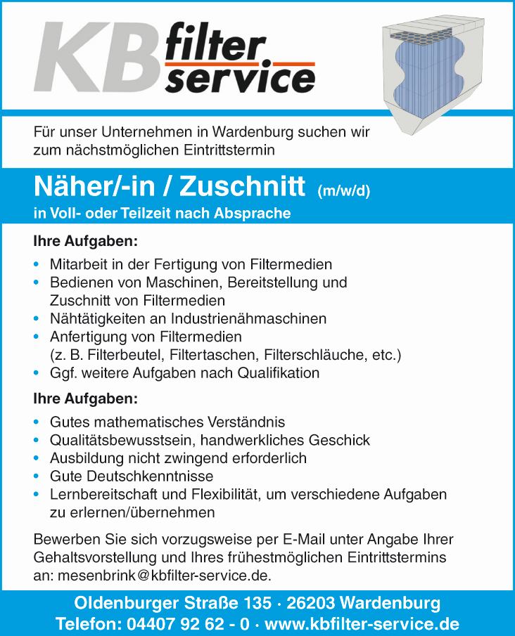 KB filter service Wardenburg Stellenangebot Näher:in Zuschnitt www.kbfilter-service.de